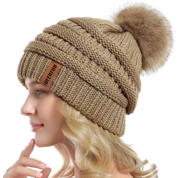 Women Khaki Soft Acrylic Thick Baggy Knit Winter Faux Fur Pompom Beanie - Picture 3 of 6